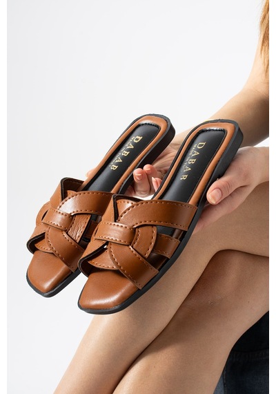 Dabab Shoes Lında Kadın Taba Kare Burun Örgü Bantlı Düz Taban Günlük Terlik