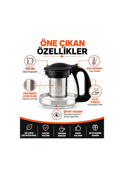 700 Ml Filtreli Cam Çaydanlık Paslanmaz Çelik Süzgeçli, Siyah Kapaklı Ve Kulplu, Isıya Dayanıklı Cam Demlik, Bitki Çayı Demliği