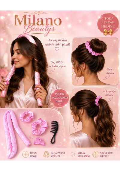 Milano Beautys Isısız Saç Şekillendirme Seti Saten Saç Sosisi Saç Bigudisi Seti/açma Tarağı Hediye Çoklu Renk