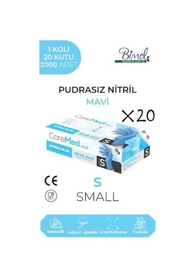 Nitril Mavi Pudrasız Muayene Eldiveni S - 1 Koli-20 Paket-2000'li
