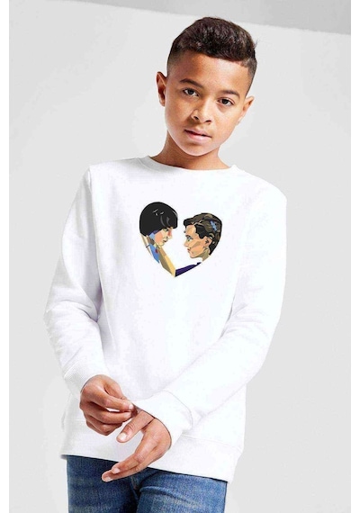 Tshirthane Stanger Things Mike & Eleven Love Baskılı Unisex Çocuk Beyaz Swe Beyaz