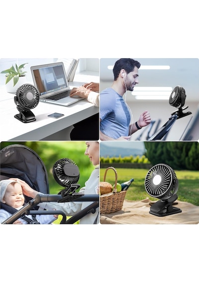 Robeve Şarjlı Usb Mini Klipsli Vantilatör Fan - 3 Kademeli - 360 Hareketli - Bebek Arabası, Ofis, Masaüstü, Kamp