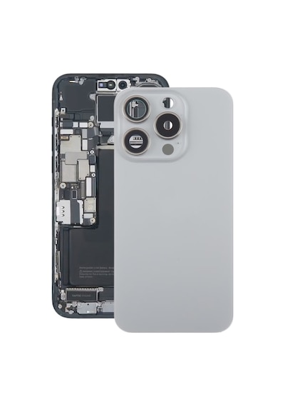 Rogfer Apple Uyumlu iPhone 15 Pro Max İçin Kamera Lens Kapaklı Cam Pil Arka Kapağı Gri Gri Gri
