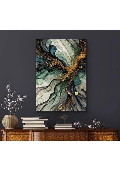 Yeşil Mavi Gold Soyut Kanvas Tablo 70x100cm Çok Renkli
