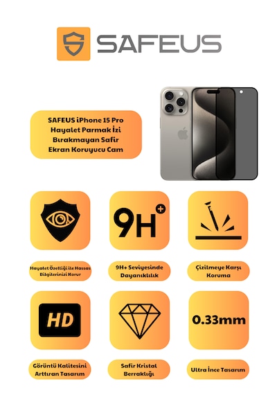 Safeus Tam Kaplayan Hayalet Parmak İzi Bırakmayan Safir Ekran Koruyucu Cam Apple iPhone 15 Pro Uyumlu İle