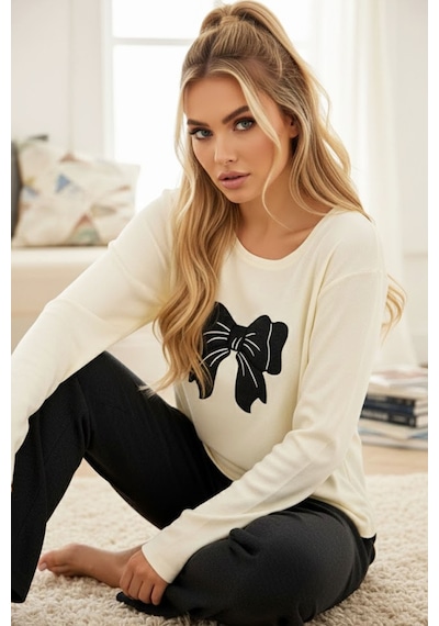 Siyah İnci Pamuklu Fitilli Kaşkorse Örme Pijama Takım25226012 Antrasit