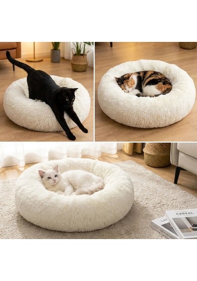 Yuvarlak Ultra Yumuşak Welsoft Peluş Kedi Ve Köpek Yatağı Kaymaz Taban Tüylü Pet Pufu,uyku Minderi Krem Bx40