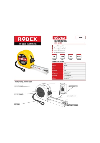 Rodex 5 Metre 25 Mm Sarı Şerit Metre 5 M