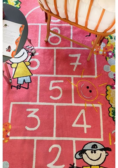 Bespoky Geometrik Desenli Halısı Dijital Baskı Kaymaz Pembe - Kiremit