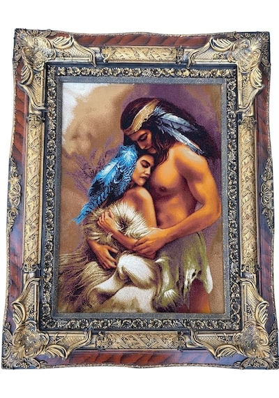 Siyular Kızılderili Aşıklar Adlı İran Tebriz Halı Tablo 95x75cm - Duvar Halı Kilim Tablo Model 2