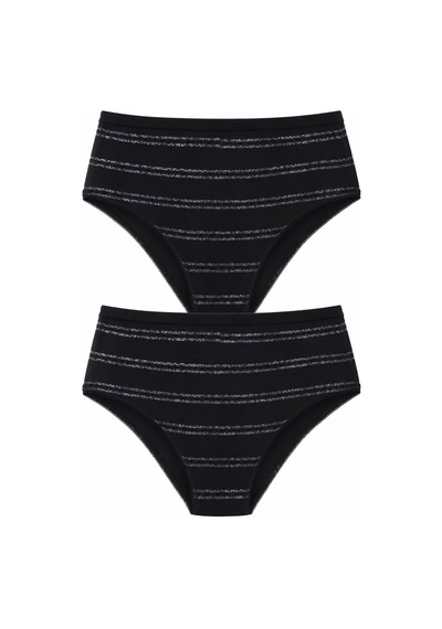 Hepsine Rakip 2li Kadın Sim Çizgili Bikini Külot Yüksek Bel İnce Lastik Ekonomik Siyah