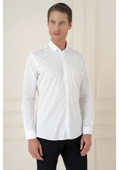 Efor Slim Fit Düğmeli Yaka Esnek Klasik Beyaz Gömlek Gk 746 Beyaz