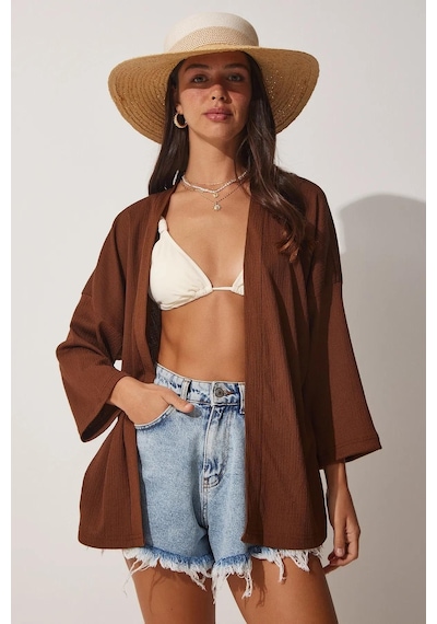 Trend Alisse Kadın Kahverengi Bürümcük Kimono Ceket-düz Kahverengi