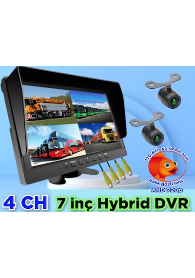 2 Adet Ledsiz Ahd 720p 170'' Balık Gözü Lens Kelebek Kamera 256 Gb 7 İnç Hybrid Dvr Monitör 12 Volt