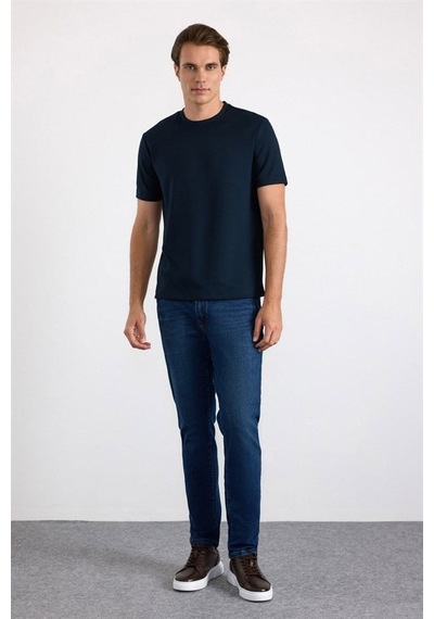 Süvari Lacivert Slim Düz Baskısız İnterlok Bisiklet Yaka Tişört Sts1014000011-m09