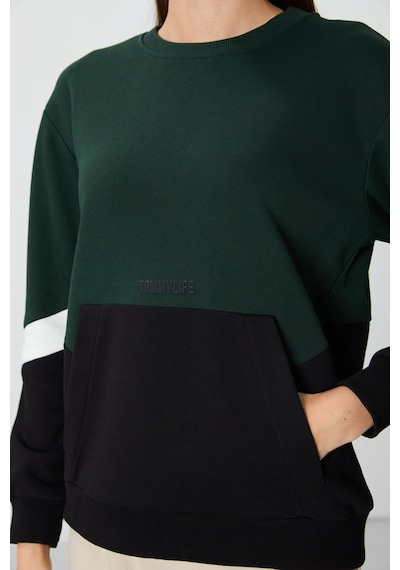 Tommy Life Çam Yeşili Kompakt Pamuklu Kalın Pürüzsüz Dokulu O Yaka Oversize Fit Kadın Sweatshirt - 97289 Yeşil