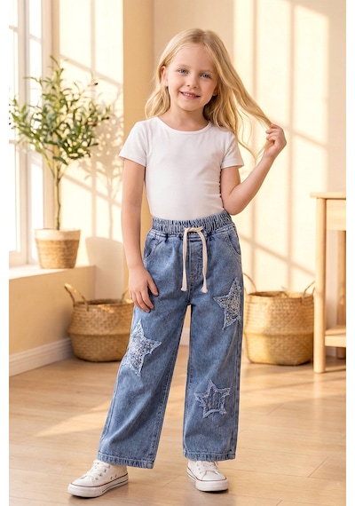 Babymod Yıldız Detaylı Beli Lastik Belli Bol Paca Denim Kız Çocuk Pantolon Mavi