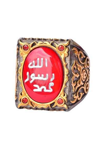 Erkekler İçin Gümüş Sultan Yüzük - İslami Tasarım Kırmızı Gümüş