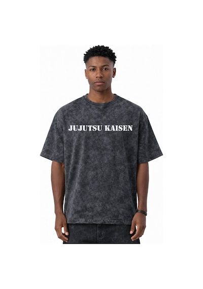 Itadori Yuji Jujutsu Kaisen Anime Baskılı Unisex Oversize Eskitme Siyah