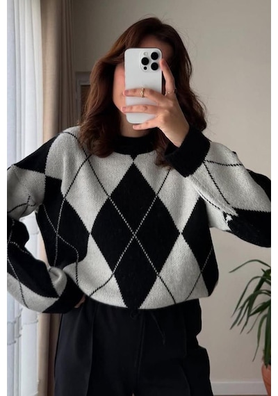 Madmext Beyaz Baklava Desen Kadın Triko Kazak Mg2190 Beyaz