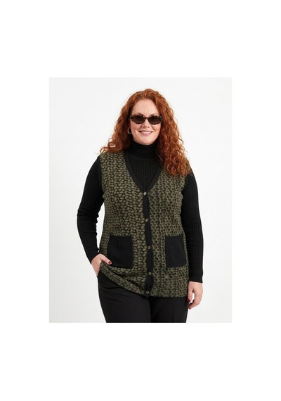 Onno Style Women Büyük Beden Çelik Örgü Klasik Leopar Desen Triko Kadın Yelek Siyah