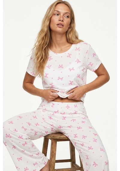 Siyah İnci İnce Soft Örme Mevsimlik Pijama Takımı 8003 Beyaz Pembe Fiyonk