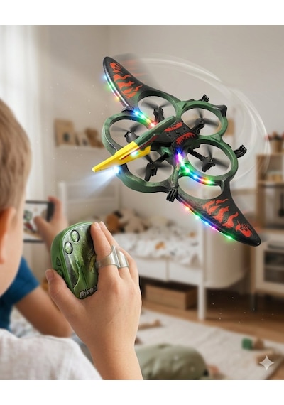 Uzaktan Elde Özel Kumandalı Uçak Dinozor Dron 2.4ghz 360 Derece Dönebilen Led Işıklı Otomatik