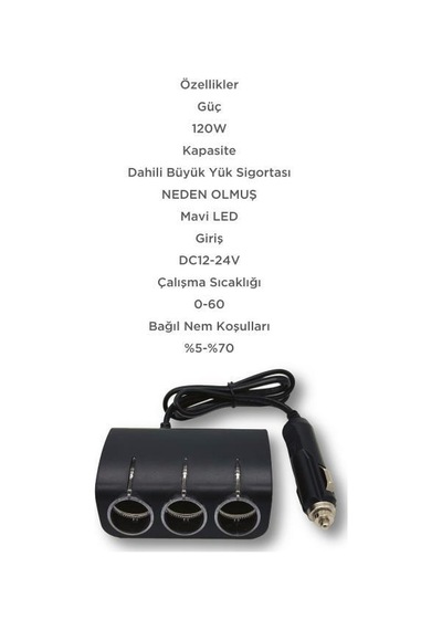Üçlü Led Soketli Araç Şarj Cihazı 120w - Torıma G24 Siyah