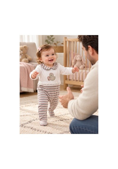 Messlife Ördek Nakışlı Çizgili Kız Bebek Tulumu Beyaz - 929694752 Beyaz