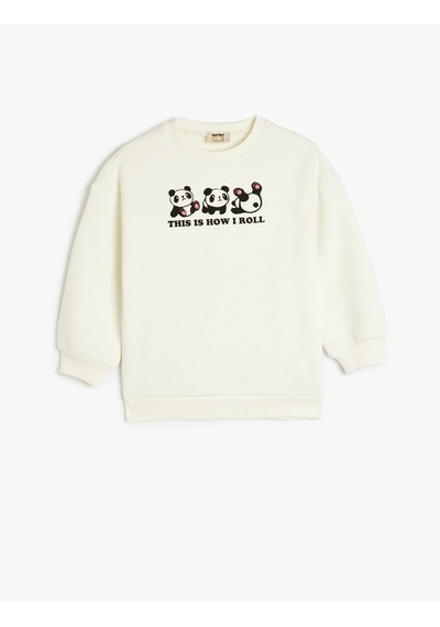 Koton Panda Baskılı Uzun Kollu Bisiklet Yaka Şardonlu Sweatshirt Ekru 5wkg10612ak Ekru