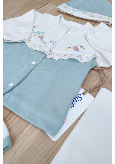 Sitilin Kız Bebek Natural Yeşil İşlemeli süslü Lüks 10 Lu Hastane Çıkışı Set STL6064 Çok Renkli