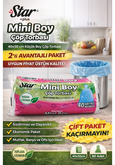 Star Plus Mini Boy Çöp Torbası 40'lı 2 Paket 40x50 Cm Dayanıklı Sızdırmaz Küçük Boy Çöp Poşeti