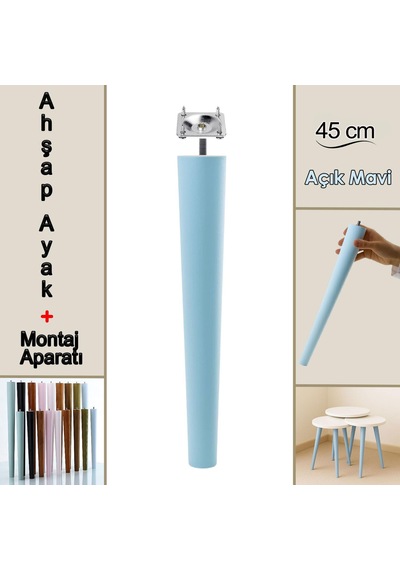 Ahşap Ayak 45 Cm Açık Mavi M8 Civatalı Bağlantı Aparatlı Mobilya Tabure Sehpa Masa Destek Ayağı Mavi