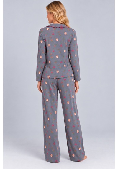 Pijamask Kadın Çiçek Desenli Bebe Yaka Düğmeli Uzun Kollu Müslin Pijama Takımı Antrasit Pijamask Kadın Çiçek Desenli Bebe Yaka Düğmeli Uzun Kollu Müslin Pijama Takımı Antrasit