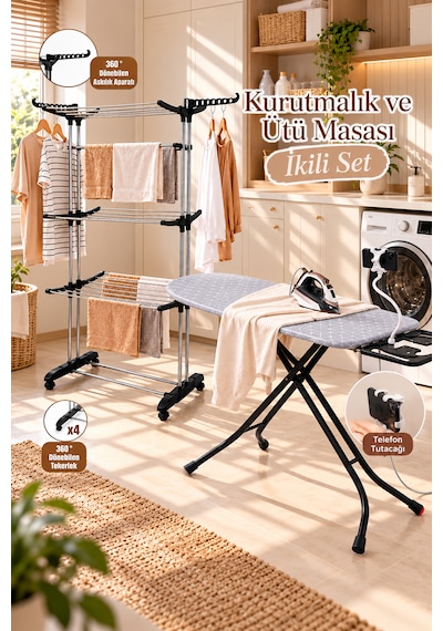 Perilla Tiga 3 Katlı Çamaşır Kurutma Askısı 20 M + Present Lux Ütü Masası 38x120 Cm İkili Set Çok Renkli