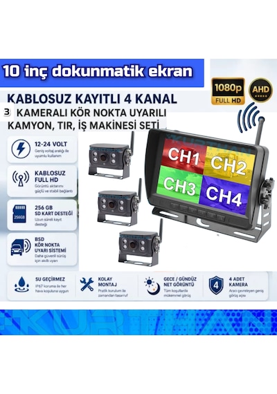 10 İnç Dvr Dokunmatik 3 Adet Kablosuz Kamera Ahd 1080p Monitör Bsd Kör Nokta Sistemli 12 24 V