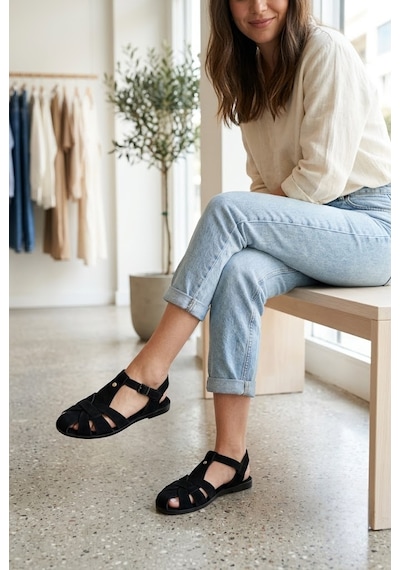 Shoetek Owsa Kadın Sandalet Bilekten Bağlı Çapraz Bantlı Siyah Süet