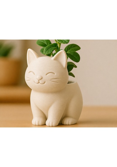 3d Baskı Sevimli Kedi Saksı - Figürlü Sukulent Saksısı-bej