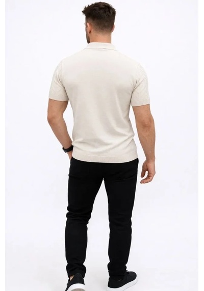 Erkek Yazlık Triko Tişört Kısa Kol Polo Yaka Düğmeli T-shirt - Krem