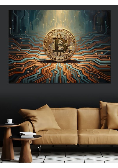 Ahşap Tablo Dev Bitcoin Logosu Ve Devreler