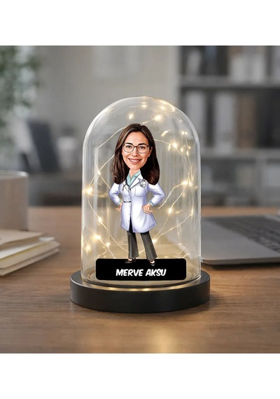 Bk Gift Kişiye Özel Kadın Doktor Karikatürlü Led Işıklı Cam Fanus Biblo -1, Mesleki Hediye, Sevgiliye-arkadaşa Hediye Kobitmeyencom36870 Bk Gift