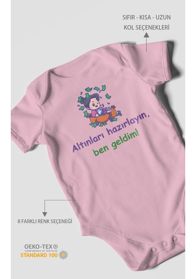 Altınları Hazırlayın, Ben Geldim Baskılı Bebek Zıbını Çıtçıtlı Body %100 Pamuk Kısa Kol Koyu Pembe