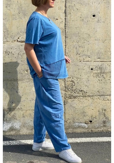 Mia Butik Büyük Beden Selenay Mavi Keten Takım Mavi