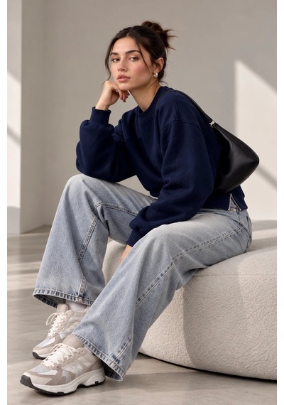 Bbbutikbasic Fermuar Detaylı Şardonlu 3 İplik Kadın Sweatshirt My3535 Lacivert