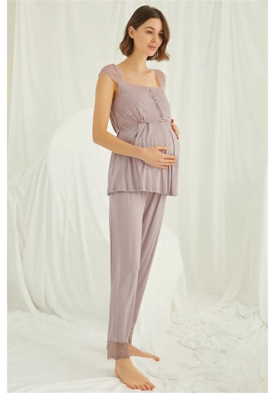 Monamise 18438440 Kadın Vizon Hamile Lohusa Seti Sabahlık Gecelik Pijama Takım