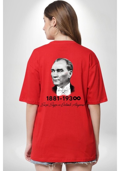 Atatürk 10 Kasım Anma Kırmızı Oversize Unisex Ön Ve Sırt Baskılı Tişört Kırmızı