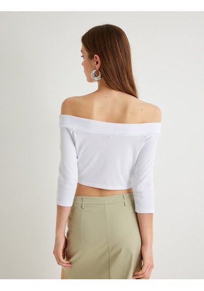 Koton Omzu Açık Crop Tişört Dirsek Boy Kol Pamuklu Slim Fit Beyaz 4sak50021pk Beyaz