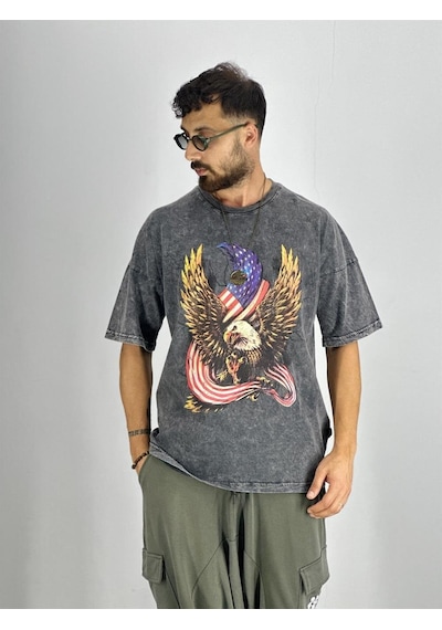 Cocopelli Erkek Yıkamalı Kumaş Baskılı T-shirt Coc2218 Koyu Gri