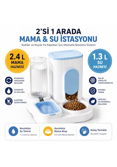 2'si 1 Arada Hazneli Kedi Ve Köpek Mama Kabı & Su Sebili 2.4 L Mama Haznesi 1.3 L Su Haznesi