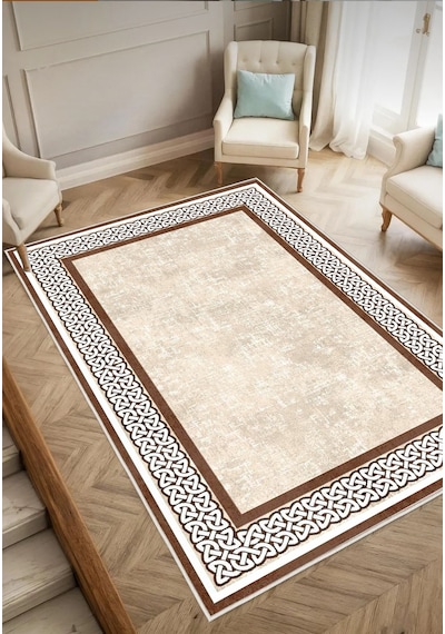 STY Home Krem Kahverengi Dijital Baskı Salon Halısı Kaymaz Tabanlı Yıkanabilir Halı Yolluk 530 Krem